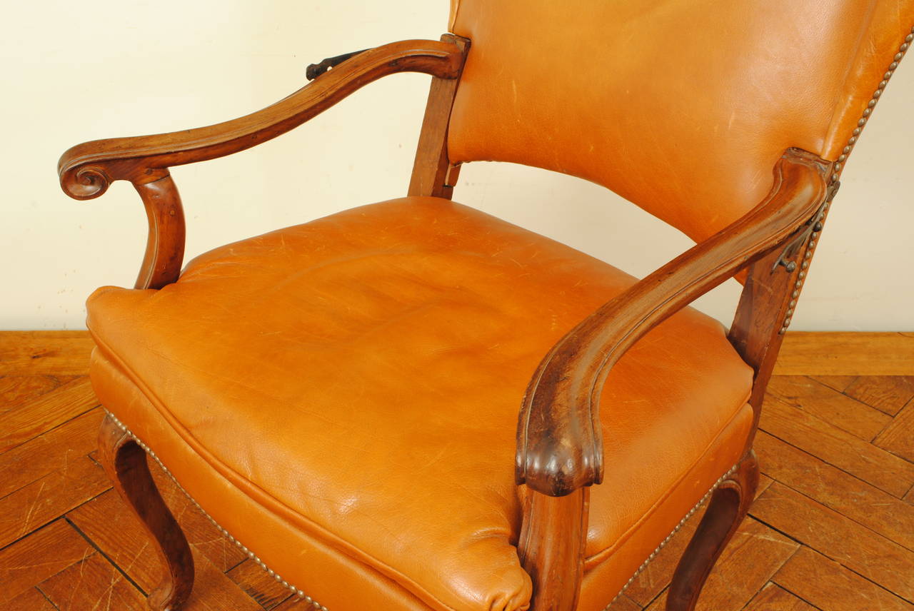 Italian Rococo Walnut and Leather Upholstered Reclining Wing Chair 1
