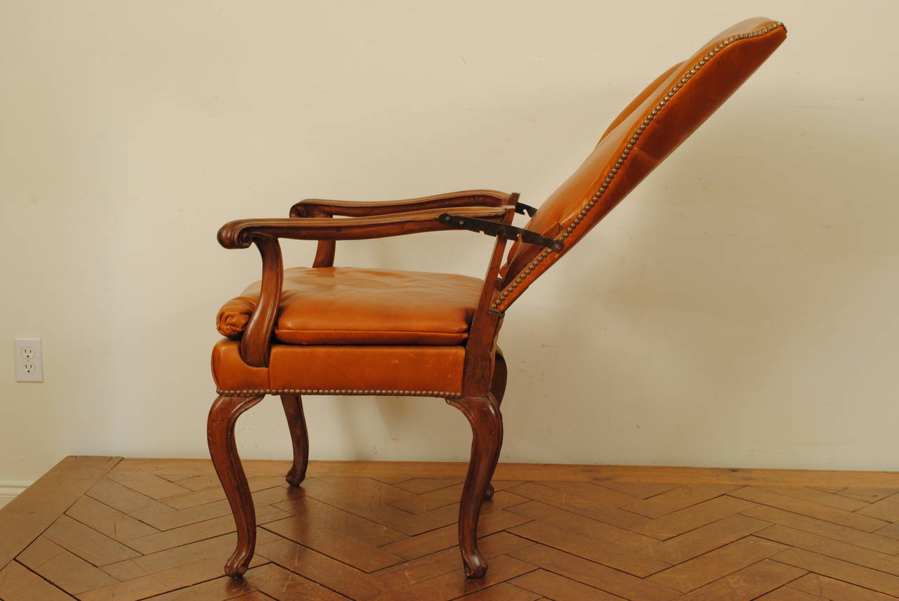 Italian Rococo Walnut and Leather Upholstered Reclining Wing Chair 2