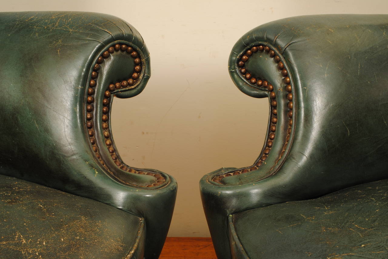Pair of Italian Queen Anne Style Walnut and Leather Upholstered Wing Chairs 1