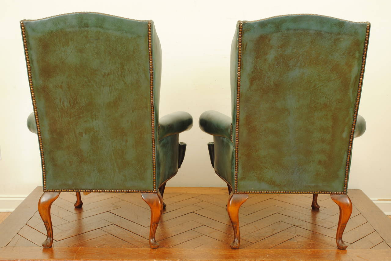 20th Century Pair of Italian Queen Anne Style Walnut and Leather Upholstered Wing Chairs