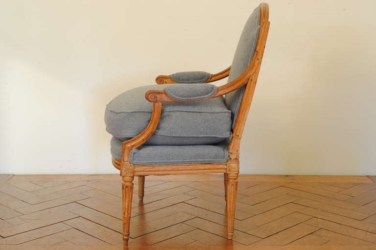 A French Late 18th C. Louis XVI Period Light Walnut and Upholstered Fauteuil In Excellent Condition In Atlanta, GA