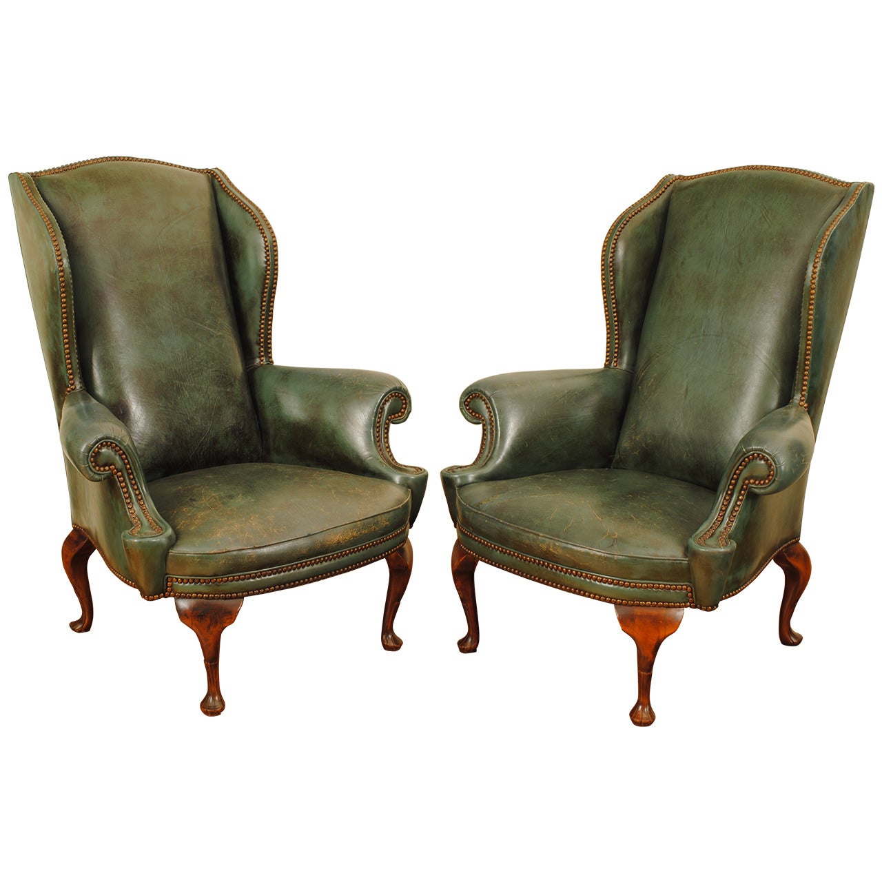 Pair of Italian Queen Anne Style Walnut and Leather Upholstered Wing Chairs