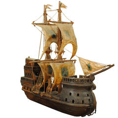 Antique European Wooden and Hide Replica of a Sailing Carrack