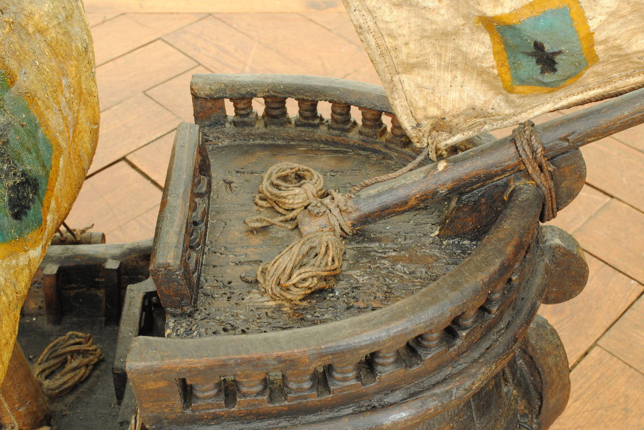 Antique European Wooden and Hide Replica of a Sailing Carrack 1
