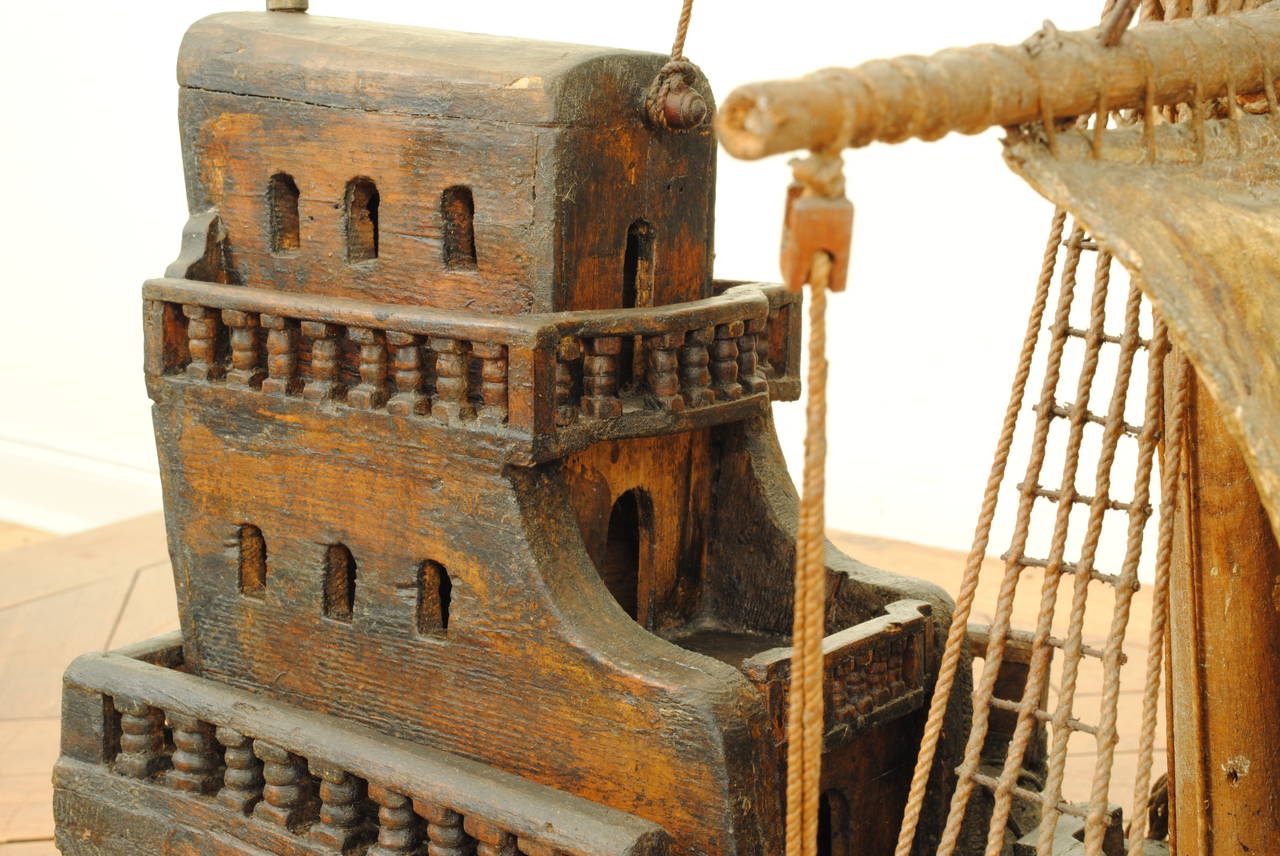 Antique European Wooden and Hide Replica of a Sailing Carrack 3
