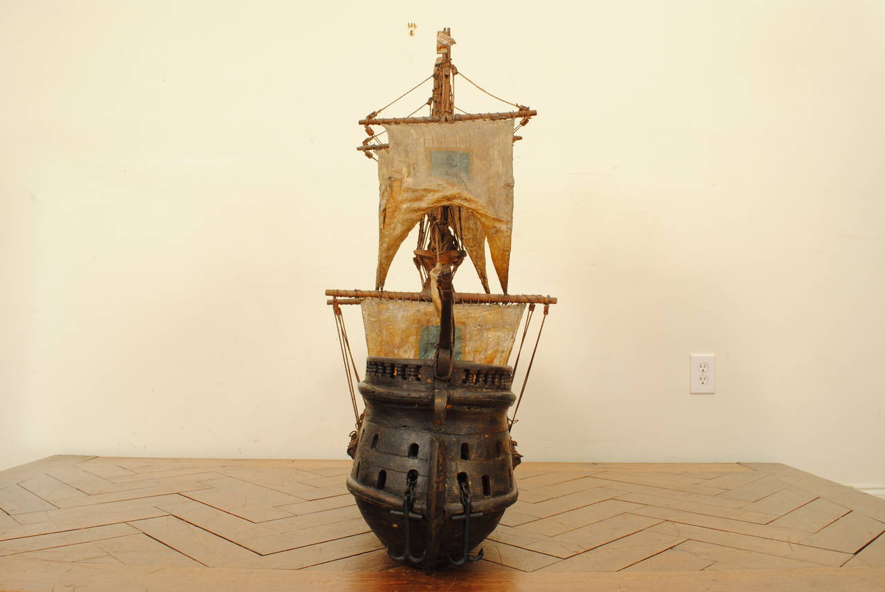 Antique European Wooden and Hide Replica of a Sailing Carrack 2