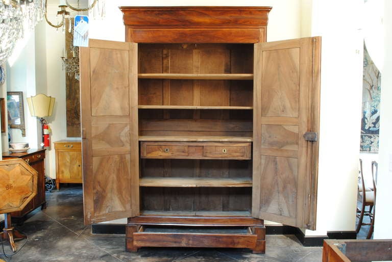 having a shaped cornice above a rectangular case, the two doors with matching solid walnut panels and carved corner medallions, the interior with 5 shelves and a middle section housing three drawers, one hidden in the middle accessible only when the
