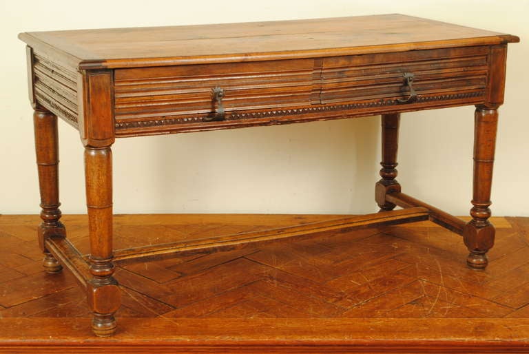 A French Louis XIII Style, 19th Century, Carved Walnut 2-Drawer Table