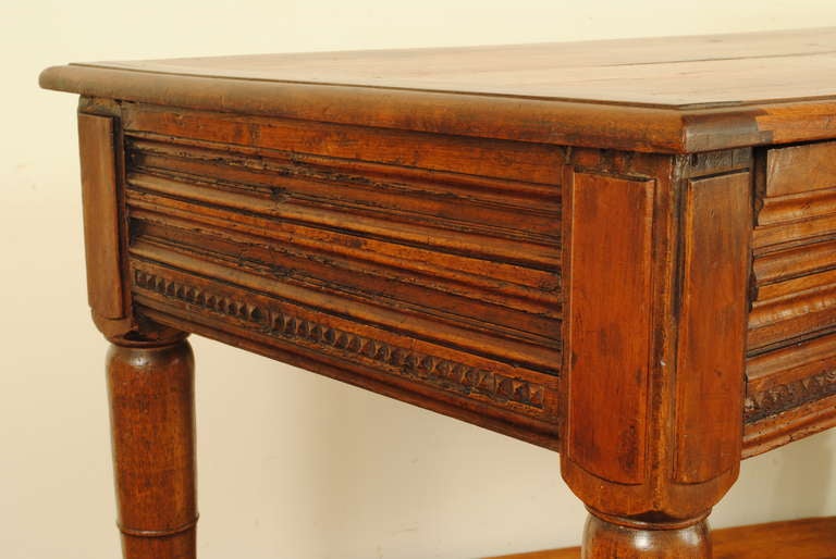 A French Louis XIII Style, 19th Century, Carved Walnut 2-Drawer Table In Excellent Condition In Atlanta, GA