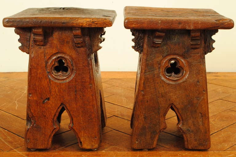 English A Pair of 17th Century Gothic Inspired Elmwood Tabourets