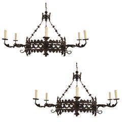 A Large Pair of Italian 18th/19th Century 6-Light Wrought Iron Chandeliers