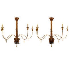 Pair of Early 18th Century and Later Sicilian Giltwood Five-Arm Chandeliers