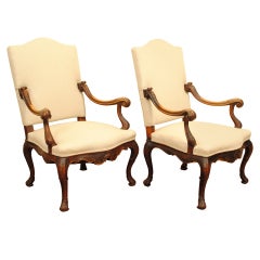 Pair of Italian, Venetian, Rococo Style 19th Century Walnut Armchairs