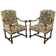 A Pair of Louis XIV, Early 18th Century, Dark Oak and Upholstered Fauteuils