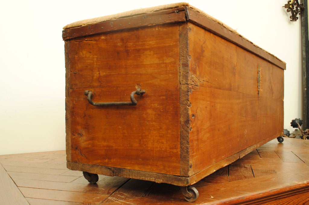 French 19th Century Pinewood and Upholstered Iron Mounted Trunk 2