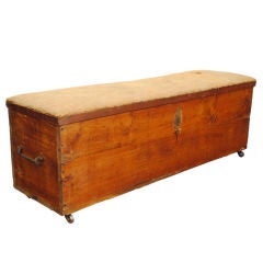 French 19th Century Pinewood and Upholstered Iron Mounted Trunk