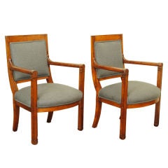 Pair French Directoire Period Fruitwood Upholstered Fauteuils