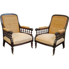 Pr. of English Carved Mahogany & Walnut Victorian Library Chairs