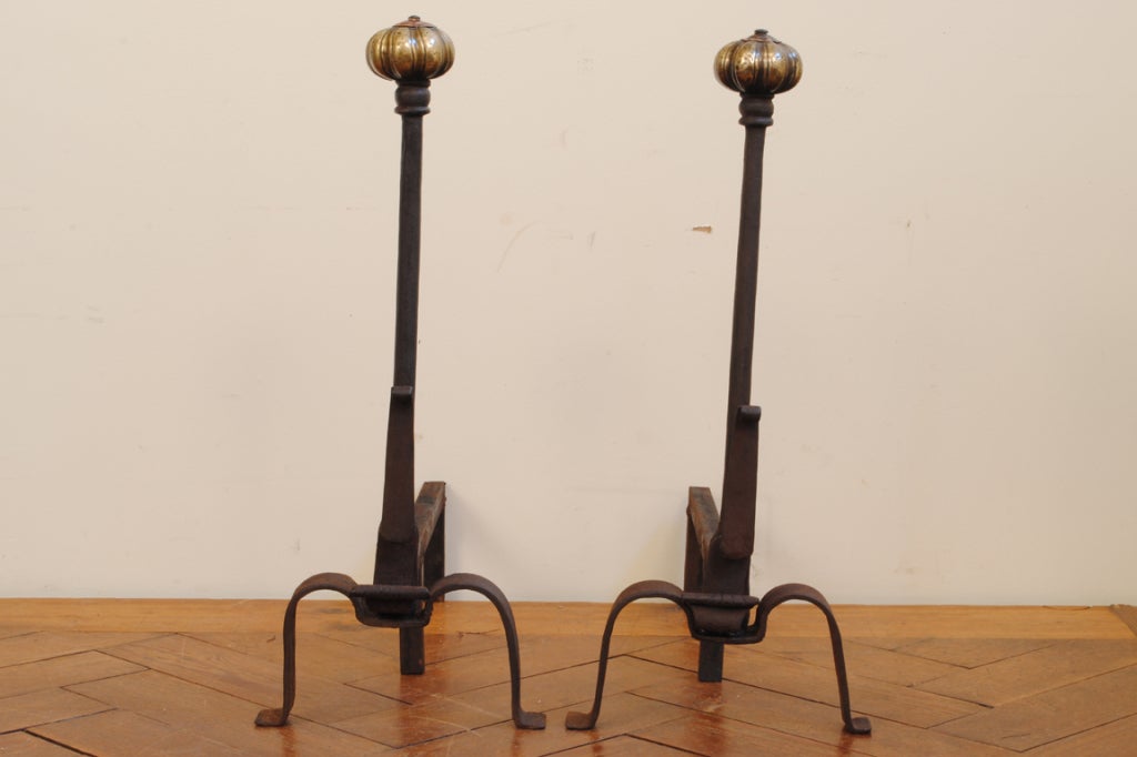 Pr of Wrought Iron, Brass, and Copper Renaissance Style Andirons