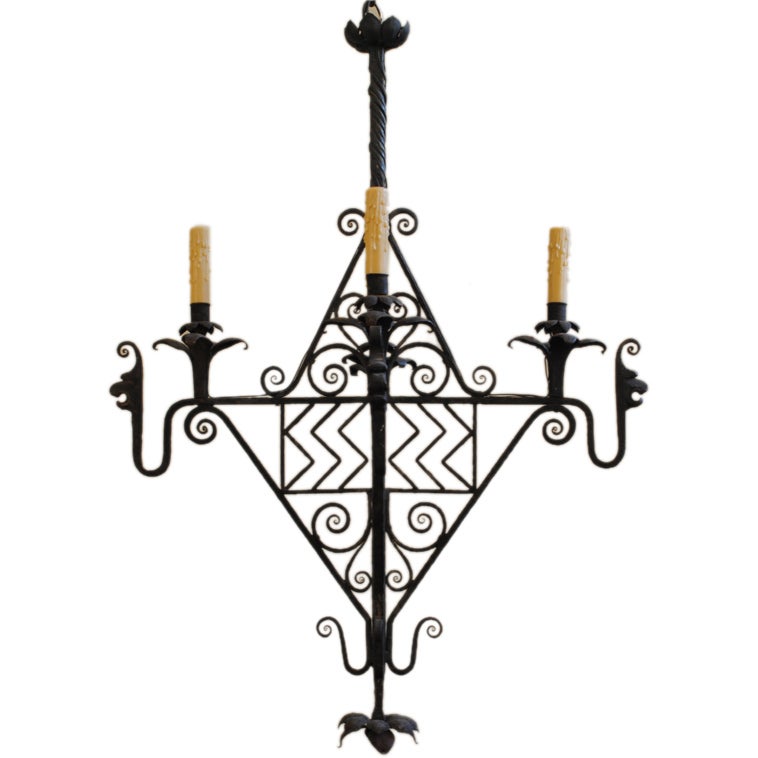 A Milanese Art Deco Wrought Iron 4-Light Chandelier