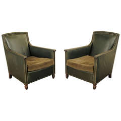 Vintage A Pair of French Green Leather Club Chairs
