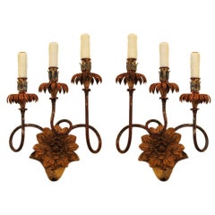 A Pair of Italian Wrought and Painted Iron Vintage 3-Arm Sconces