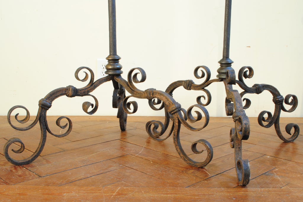 18th Century and Earlier Pair of 18thc. Italian Wrought Iron and Brass Pricket Torcheres
