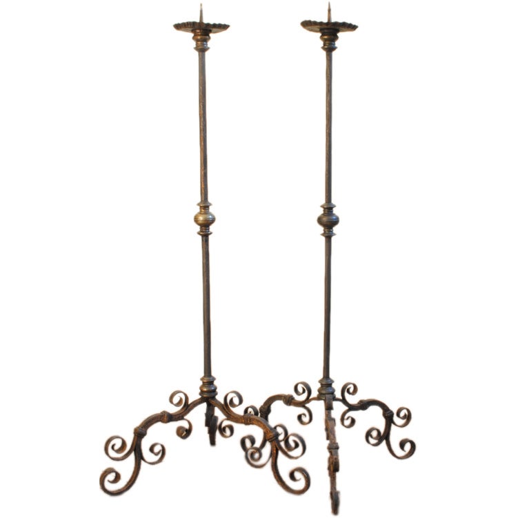 Pair of 18thc. Italian Wrought Iron and Brass Pricket Torcheres