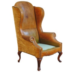Vintage A French Walnut Leather and Velvet Upholstered Winghchair