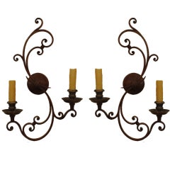 Pair Italian Baroque Style Wrought Iron and Brass 2-Arm Sconces