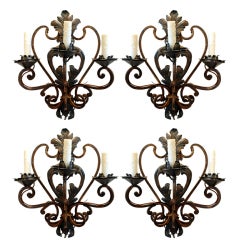 Antique Set of 4 French Wrought Iron and Painted Metal 3-Arm Sconces