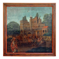 A Large Continental Oil on Canvas of  Villagers Near a Castle