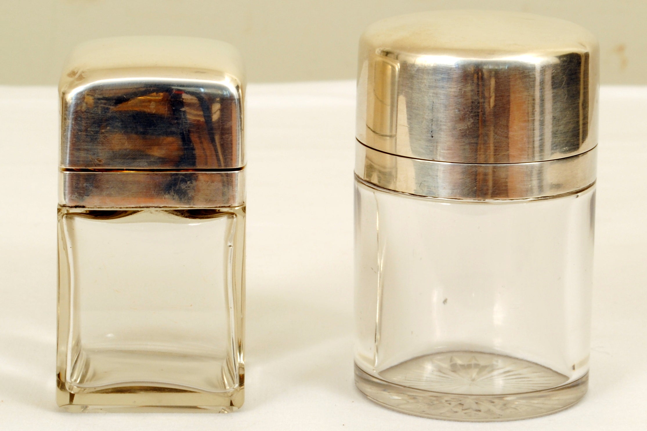 Pair of 19th Century French Glass and Sterling Silver Vanity Receptacles For Sale