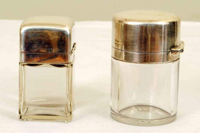 Neoclassical Pair of 19th Century French Glass and Sterling Silver Vanity Receptacles For Sale