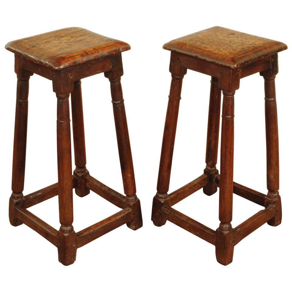 A Pair of English Walnut and Oak Joint Stools, Late 17th to Early 18th Century