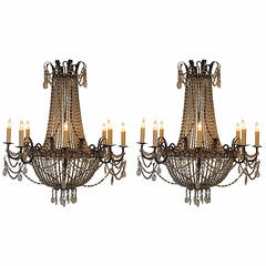 Pair of Italian Neoclassical Style Gilt Metal and Glass Eight-Light Chandeliers