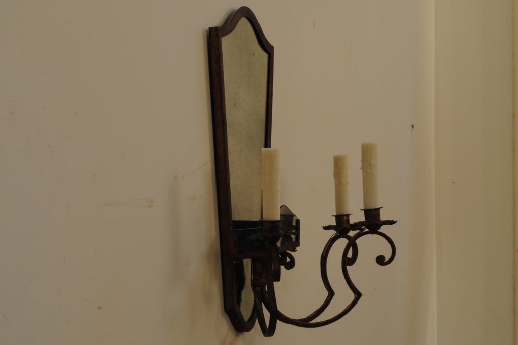 A Pair of 19th C. Italian Gilt Iron and Mirrored 4-Light Sconces