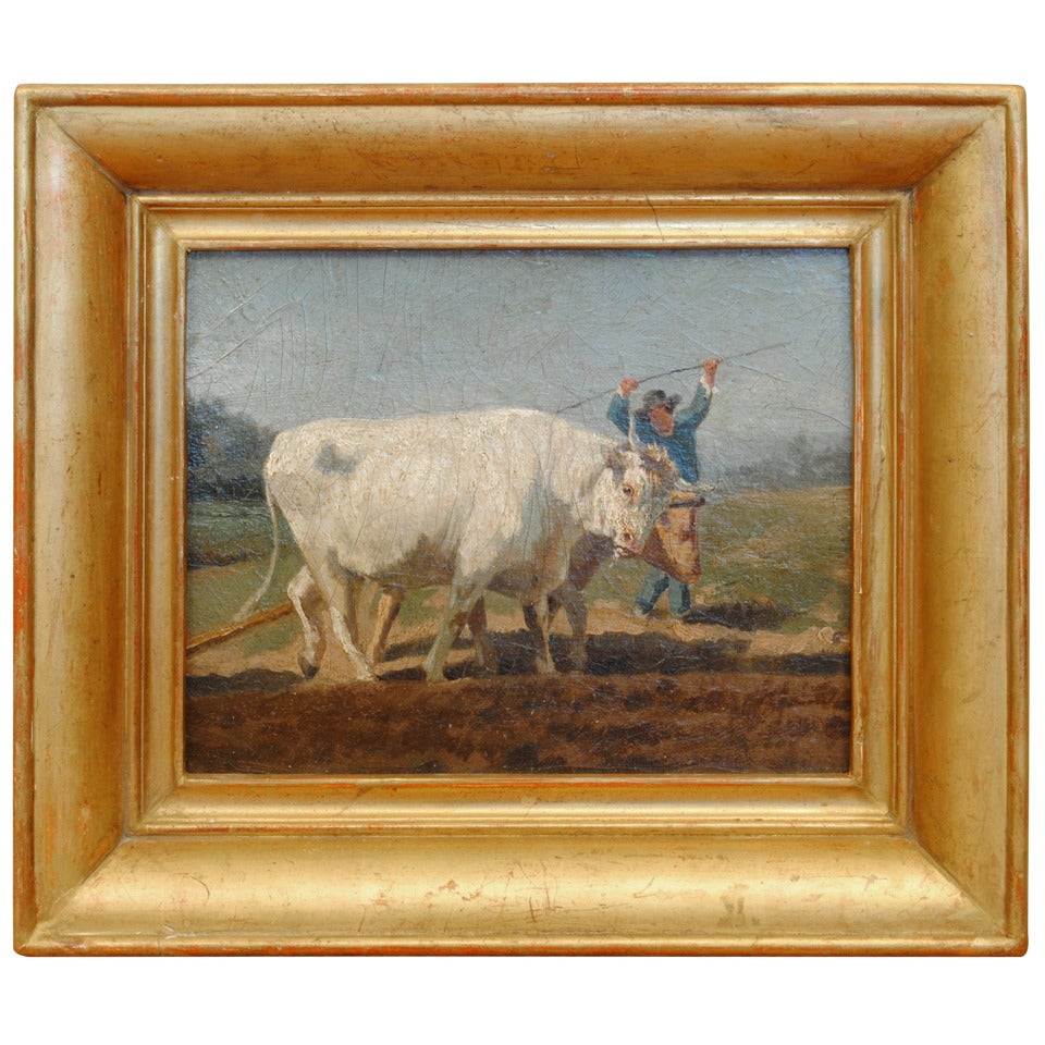 A 19th Century French Oil on Artist Board Painting in Period Giltwood Frame For Sale
