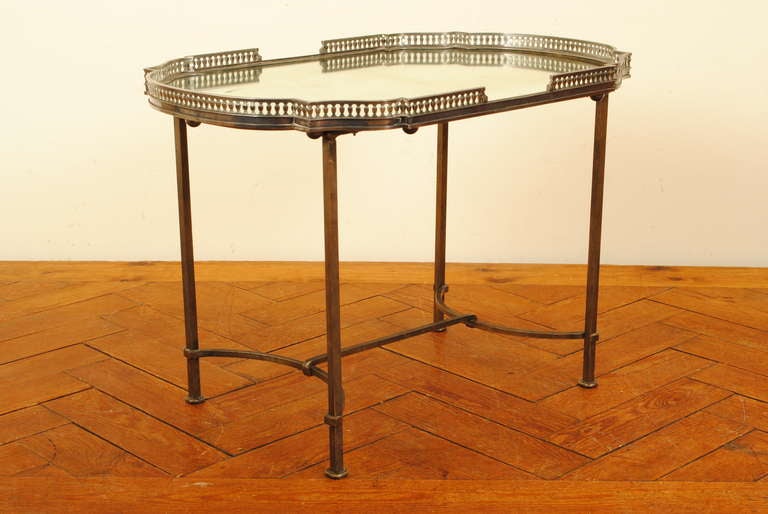 A French LXIV Period Silvered Brass Mirrored Plateau on Later Iron Stand