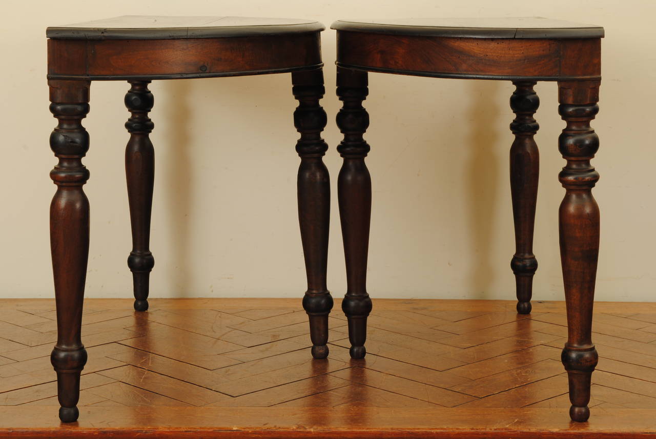 Pair of Spanish, 19th Century Walnut and Ebonized Demilune Consoles In Good Condition In Atlanta, GA