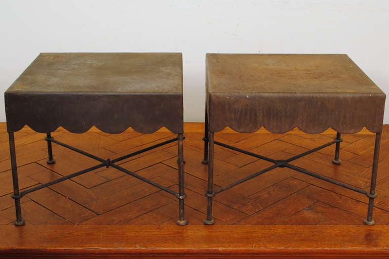 having square tops with scalloped aprons, the x-form stretchers connecting straight legs ending in flattened ring feet