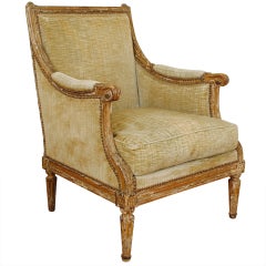 A French Louis XVI Period Giltwood and Upholstered Bergere