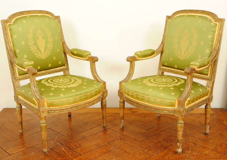 Pair of French 19th Century Louis XVI Style Giltwood Fauteuils