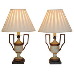Pair of Italian Neoclassic Painted Wood and Iron Urns Mounted as Lamps