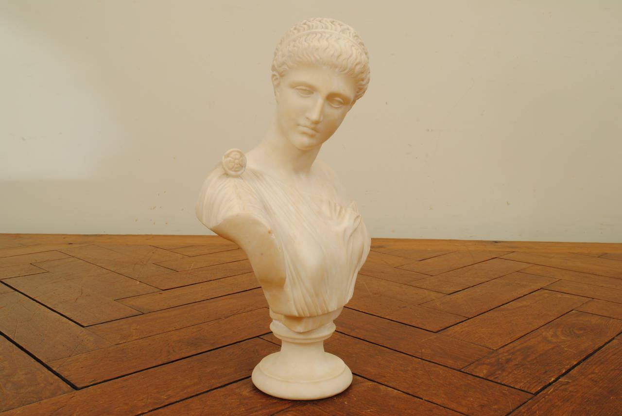 Alabaster Bust of a Neoclassical Maiden, Two Pieces, 19th Century