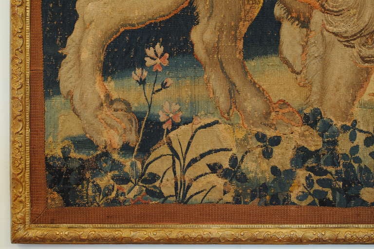 Dutch A 17th Century Flemish Tapestry Fragment in a Regence Giltwood Frame