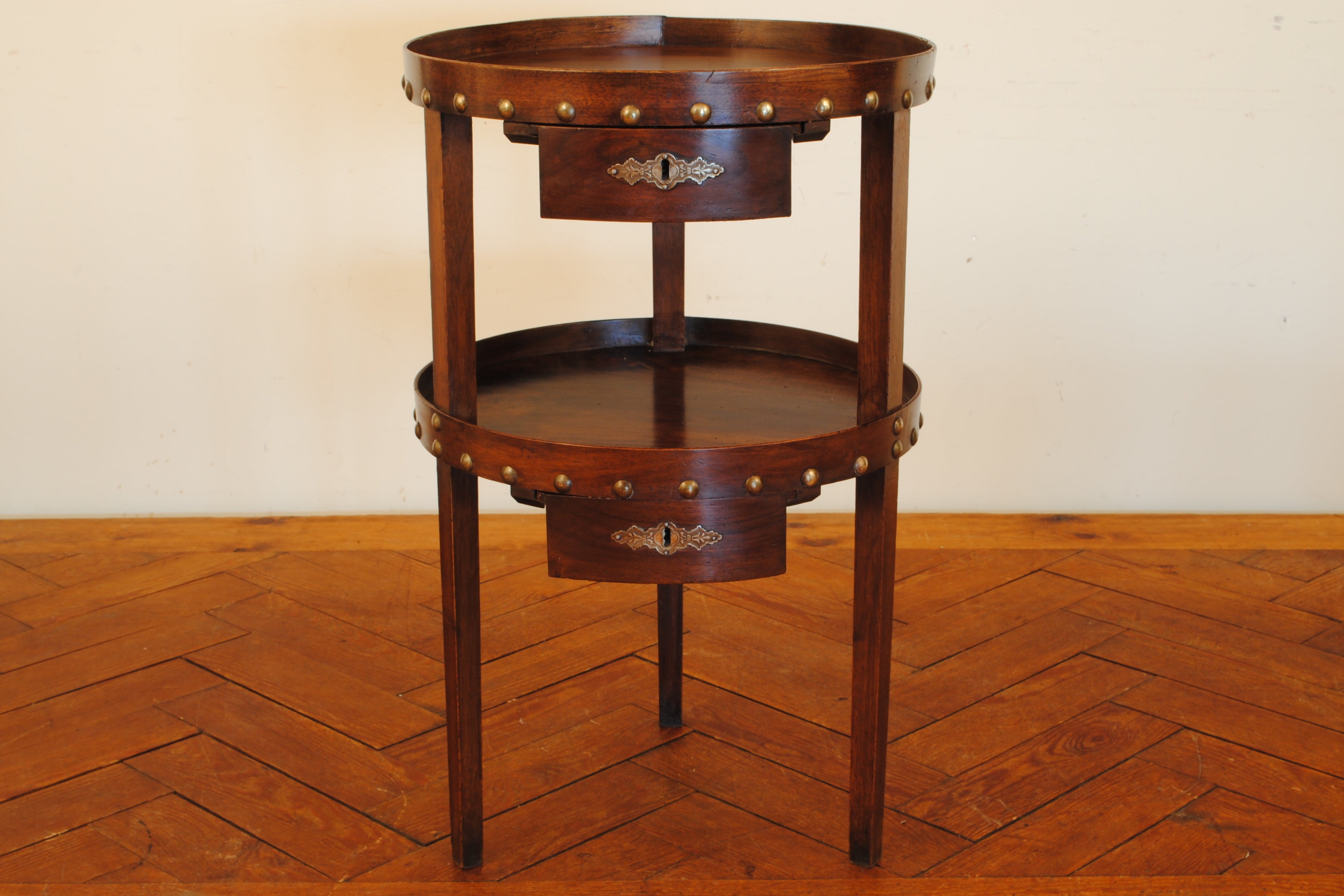 A French Walnut 19th Century Late Neoclassical 3-Leg, 2 Drawer Table