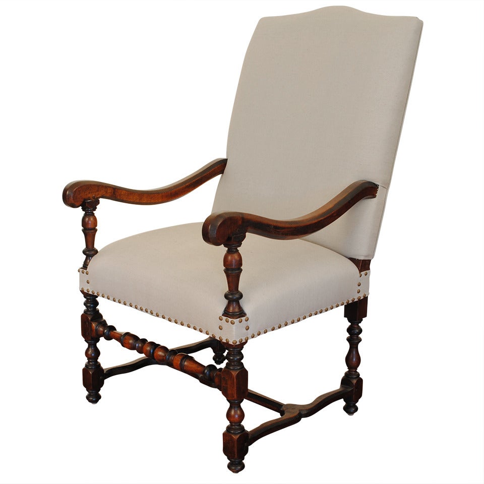 Walnut Fauteuil with Hexagonal Arm and Wonderful Stretcher, French Louis XIII
