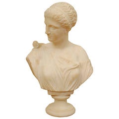 Alabaster Bust of a Neoclassical Maiden, Two Pieces, 19th Century