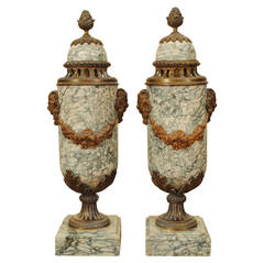 Pair of Continental Marble and Bronze Lidded Urns, Late 19th Century